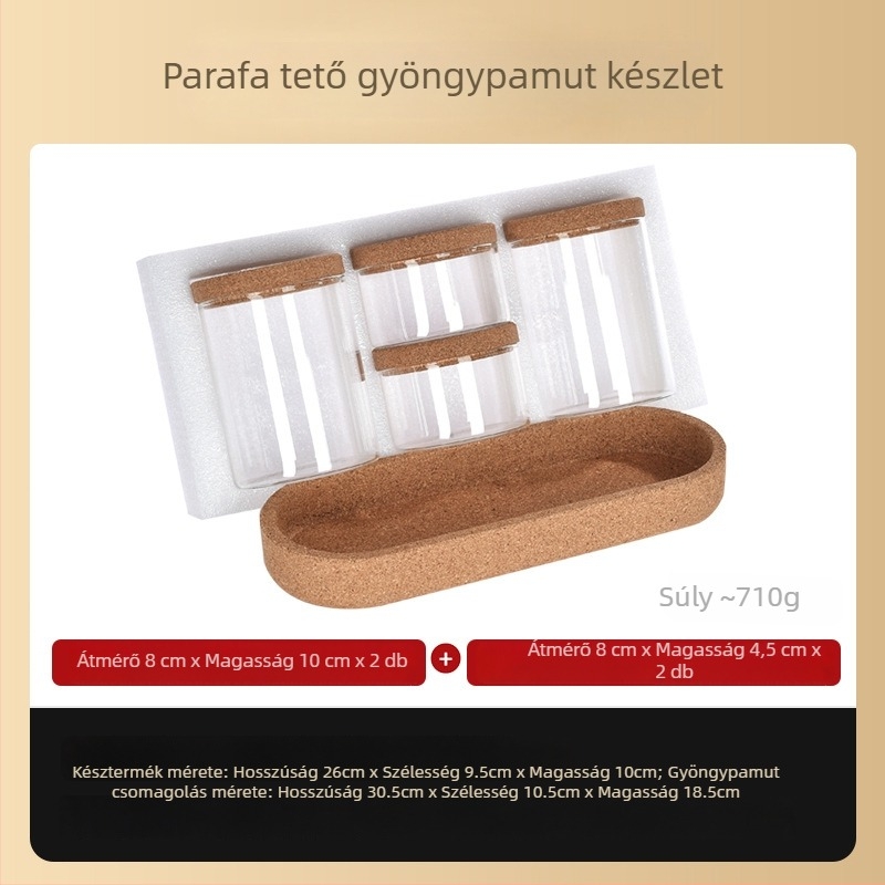 Egyedi, átlátszó üveg fűszertartó dugóval, tároló üveg