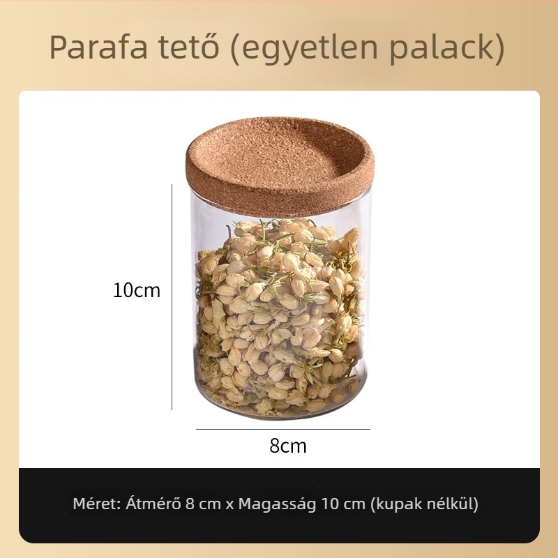 Egyedi, átlátszó üveg fűszertartó dugóval, tároló üveg