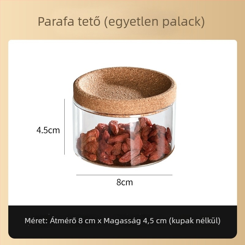 Egyedi, átlátszó üveg fűszertartó dugóval, tároló üveg