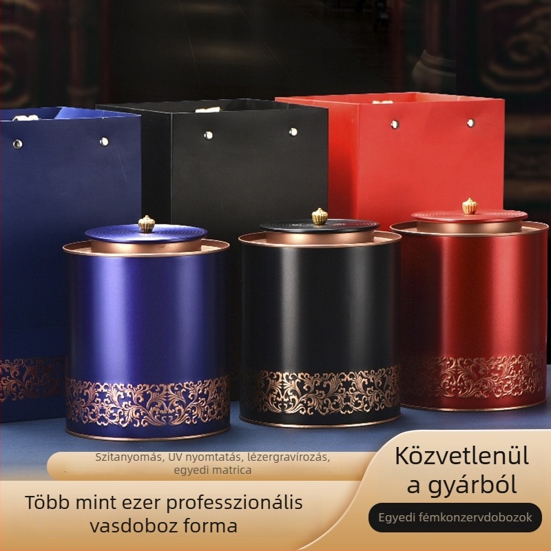 Nagy kör alakú fémdoboz teához – fekete tea készlet, 0,5 kg kapacitás, zárható ónlemez doboz, kiváló minőségű tea tárolás