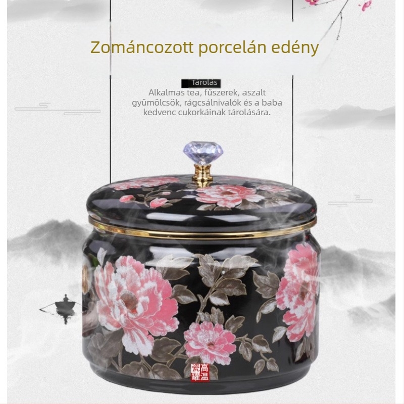 Megvastagított zománcos sótartó fedővel, nagy tárolóedény tea számára, gabonákhoz, diófélékhez, nassolnivalókhoz és olajhoz