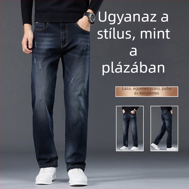 Férfi farmernadrág fleece belsővel, laza szabású, egyenes szárú, őszi–téli 2025, sokoldalú casual denim