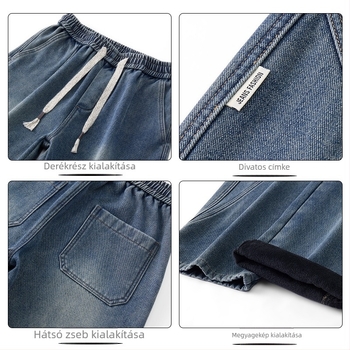 Férfi fleece-béléssel ellátott denim nadrág, amerikai utcai stílus, őszi–téli szezonra, laza egyenes szabású, húzózsinórral