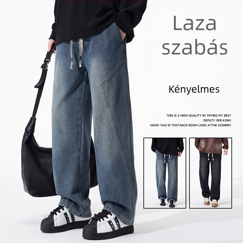 Férfi fleece-béléssel ellátott denim nadrág, amerikai utcai stílus, őszi–téli szezonra, laza egyenes szabású, húzózsinórral