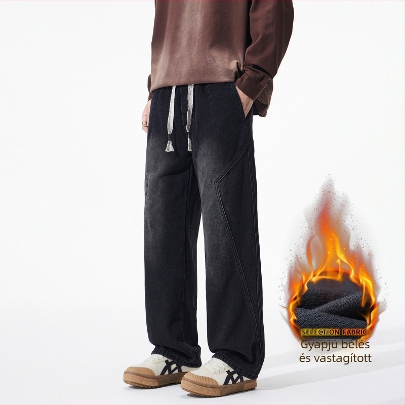 Férfi fleece-béléssel ellátott denim nadrág, amerikai utcai stílus, őszi–téli szezonra, laza egyenes szabású, húzózsinórral