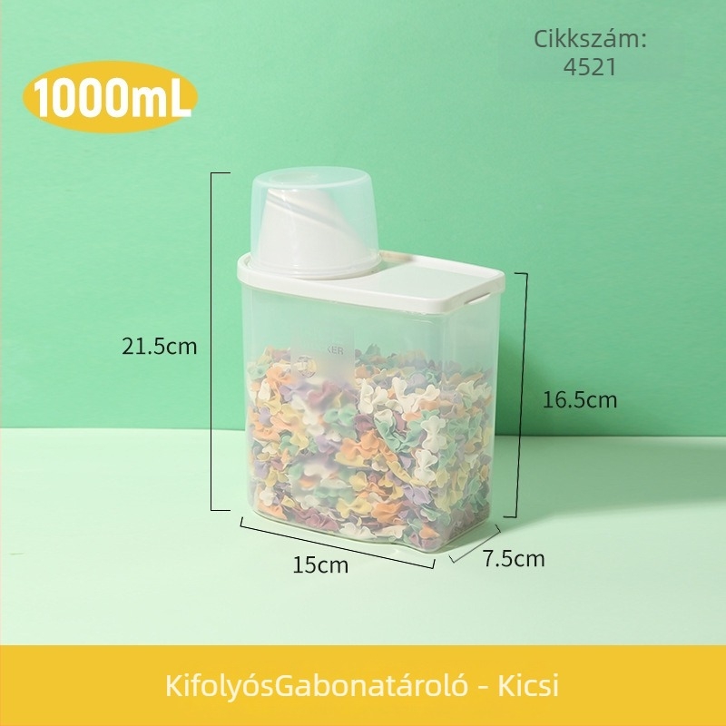 Japán stílusú gabonatároló tartály, kör alakú PP anyagú, 800–1000 ml, zárható fedél