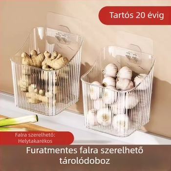 Falra szerelhető műanyag tárolókosár hagyma, gyömbér és fokhagyma tárolására — konyhai és fürdőszobai felakasztható tároló