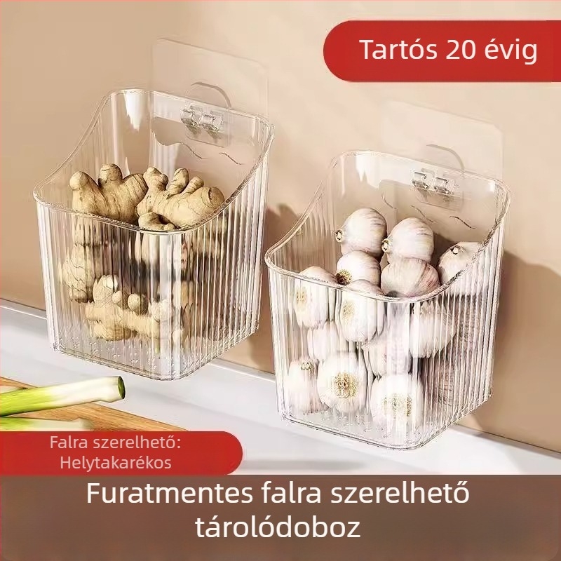 Falra szerelhető műanyag tárolókosár hagyma, gyömbér és fokhagyma tárolására — konyhai és fürdőszobai felakasztható tároló