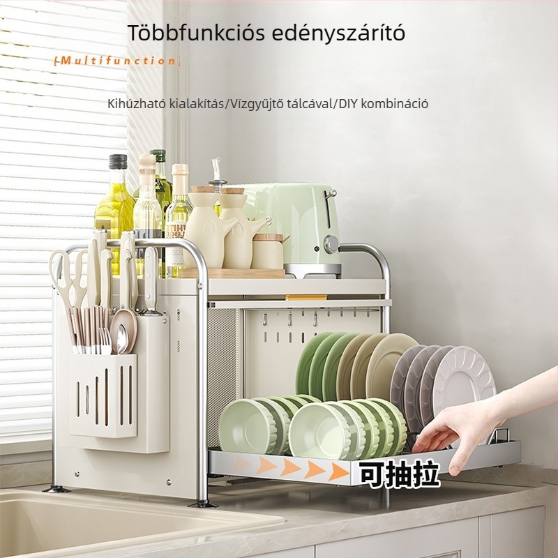 Kihúzható konyhai edényállvány szárítókosárral és pult rendezővel