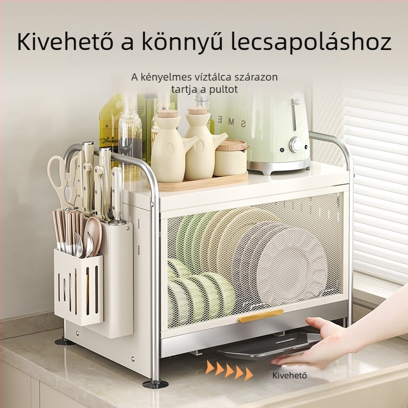 Kihúzható konyhai edényállvány szárítókosárral és pult rendezővel
