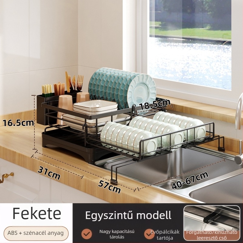 Új, multifunkcionális edényállvány evőeszköztartóval és tányérszárítóval, két szintű, összecsukható teleszkópos polc mosogatóhoz