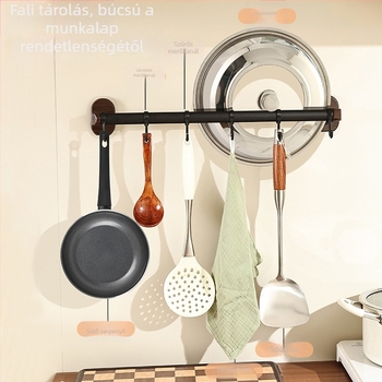 Rozsdamentes acélból készült konyhai akasztó rúd, fekete, fúrás nélküli falra szerelhető, kampókkal, egyszintes tároló, modern minimalista stílus