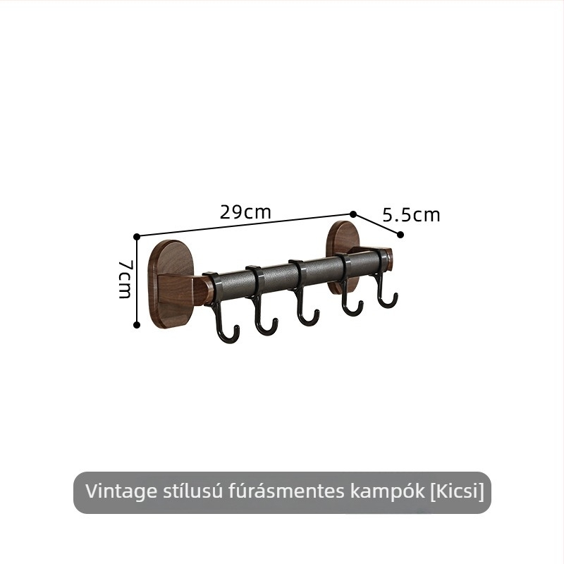 Rozsdamentes acélból készült konyhai akasztó rúd, fekete, fúrás nélküli falra szerelhető, kampókkal, egyszintes tároló, modern minimalista stílus