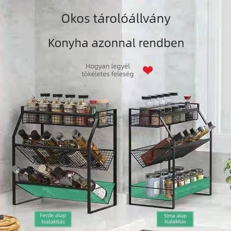 Görbe szögben elhelyezett konyhai fűszerpolc a munkalapon – több szintű tároló olajhoz, sóhoz, szószhoz és ecethez
