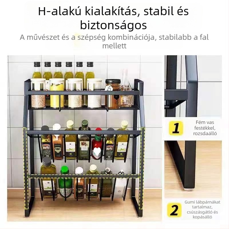 Görbe szögben elhelyezett konyhai fűszerpolc a munkalapon – több szintű tároló olajhoz, sóhoz, szószhoz és ecethez