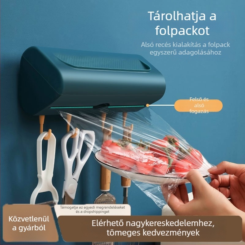 Konyhai fóliatartó szervező, falra szerelhető, fúrás nélküli, többfunkciós tároló