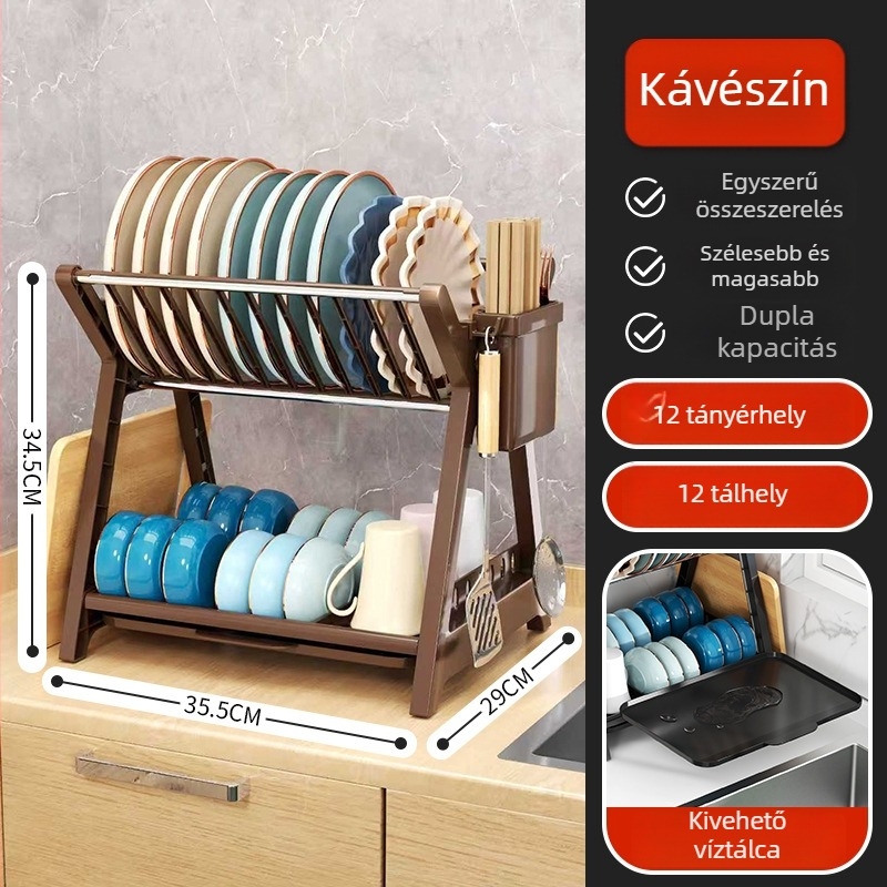 304 rozsdamentes acélból készült konyhai edénytartó pohár- és evőeszköz-tartóval, edények szárítórendezővel, padlón álló