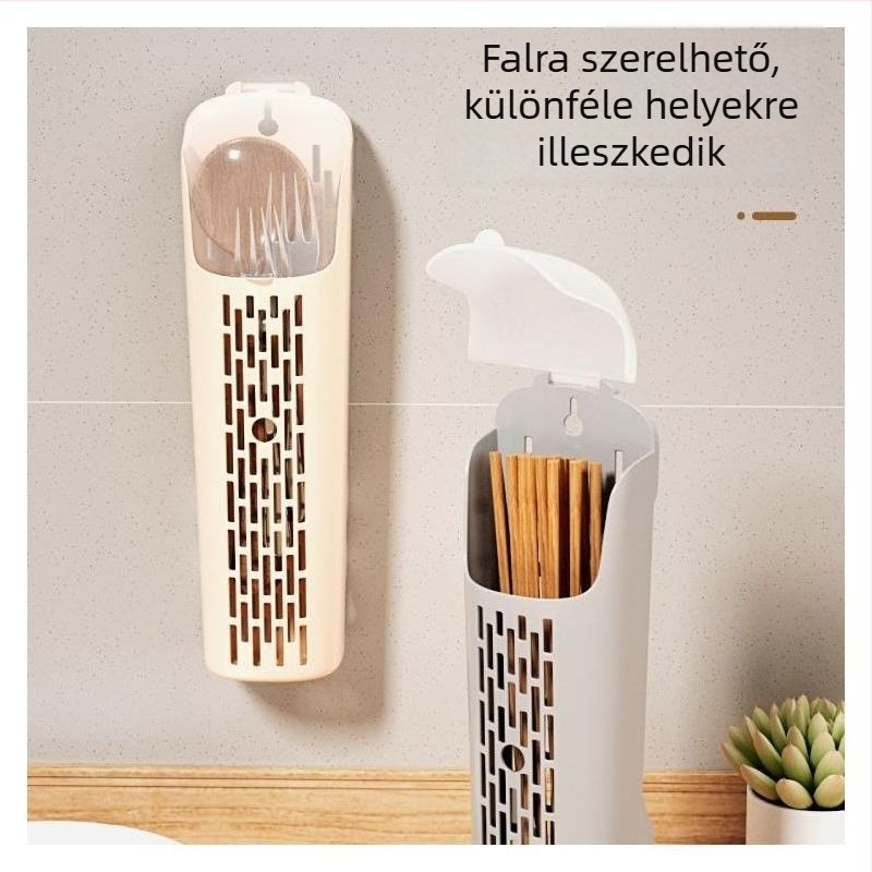 Falihoz szerelhető műanyag evőpálcika tartó fedéllel, konyhai szárító szervező