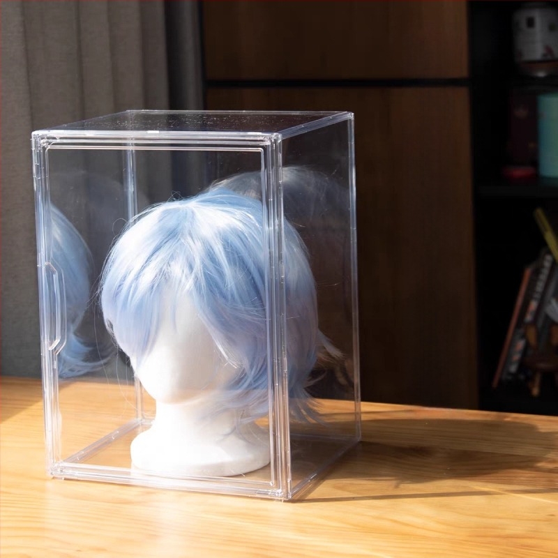 Átlátszó akril paróka-tároló szekrény fedéllel, porvédett, anime cosplay és 2D rekvizitek rendezéséhez