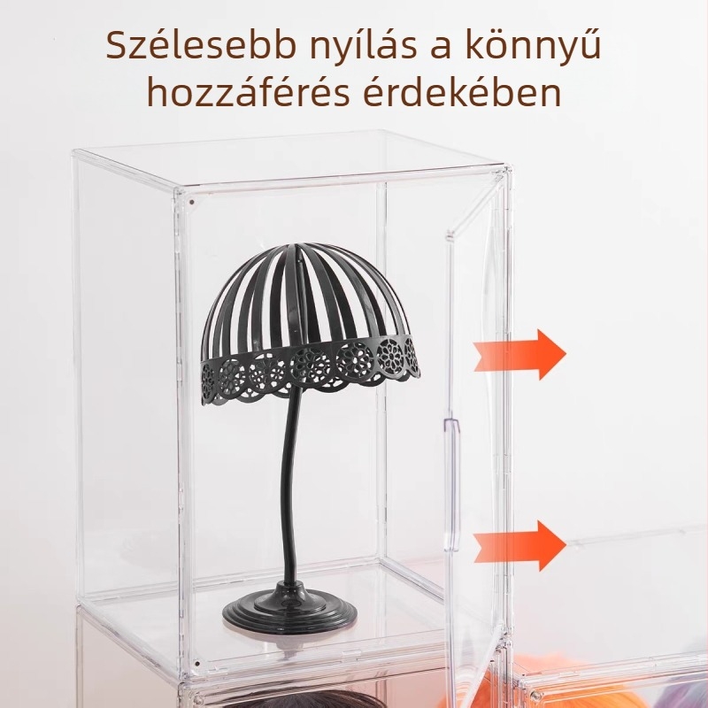 Átlátszó akril paróka-tároló szekrény fedéllel, porvédett, anime cosplay és 2D rekvizitek rendezéséhez