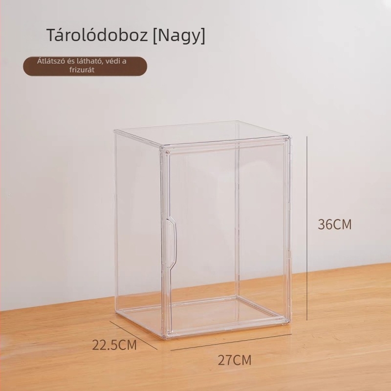 Átlátszó akril paróka-tároló szekrény fedéllel, porvédett, anime cosplay és 2D rekvizitek rendezéséhez