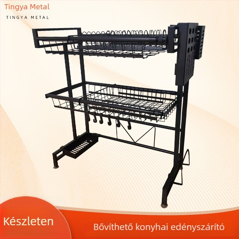 Kinyitható edény- és evőeszközszárító állvány konyhába, mosogató mellé, szénacélból