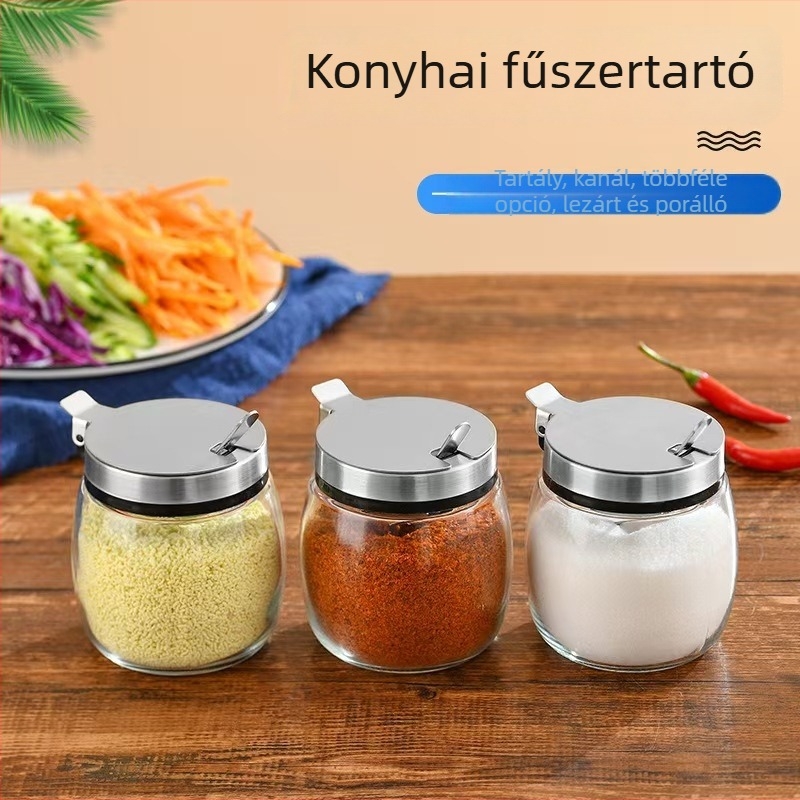Fűszertartó üveg kanállal és dobozzal, nedvességálló sótartó rozsdamentes acél rugós fedővel