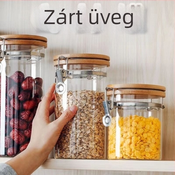 Üveg tárolóedény csattos fedéllel, átlátszó, konyhai tárolás száraz élelmiszerekhez és nassolnivalókhoz