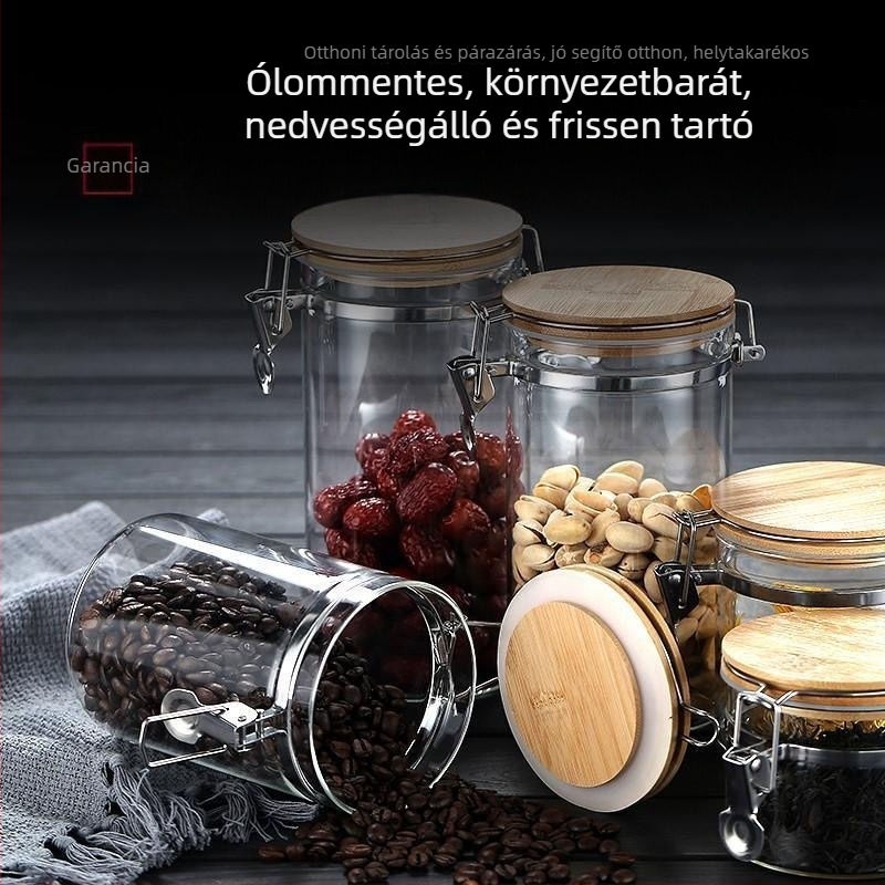 Üveg tárolóedény csattos fedéllel, átlátszó, konyhai tárolás száraz élelmiszerekhez és nassolnivalókhoz
