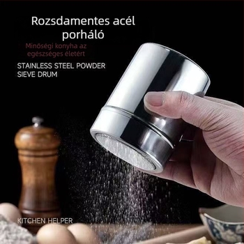 Rozsdamentes acél porsprinkler finom hálós szitával, kakaóporhoz és kávéhoz, kerek sütőeszköz