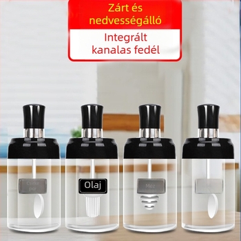 Üveg fűszertartó zárt olajtartállyal és integrált kanállal ellátott fedéllel, grillhez