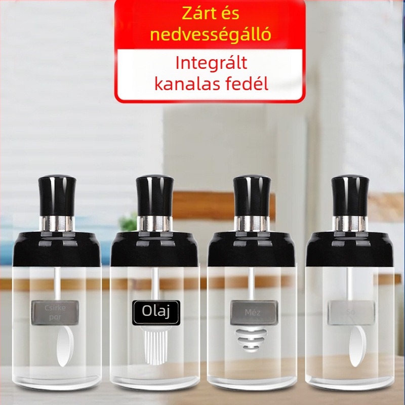 Üveg fűszertartó zárt olajtartállyal és integrált kanállal ellátott fedéllel, grillhez
