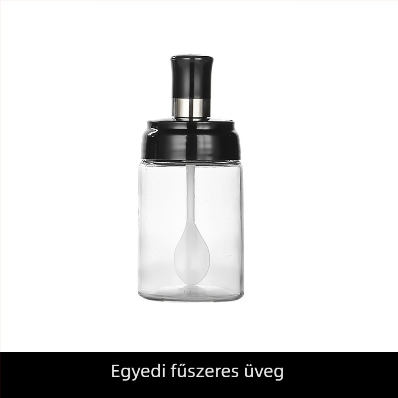Üveg fűszertartó zárt olajtartállyal és integrált kanállal ellátott fedéllel, grillhez