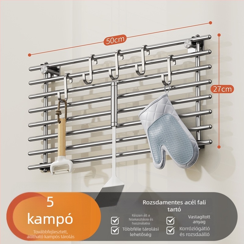 Rozsdamentes acélból készült falra szerelhető konyhai tároló, többfunkciós spatula- és kanálrendező