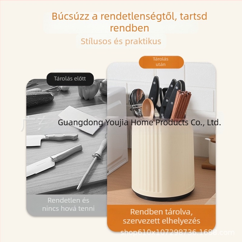 Konyhai forgó késállvány és eszköztartó, fúrás nélküli felszerelés, többfunkciós asztali tároló, krém színű befejezés