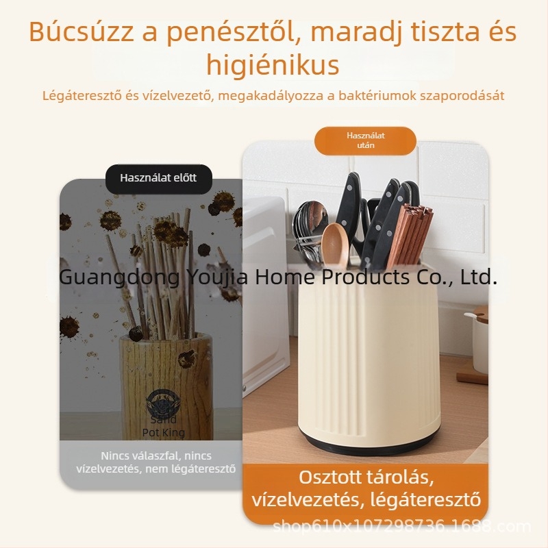 Konyhai forgó késállvány és eszköztartó, fúrás nélküli felszerelés, többfunkciós asztali tároló, krém színű befejezés