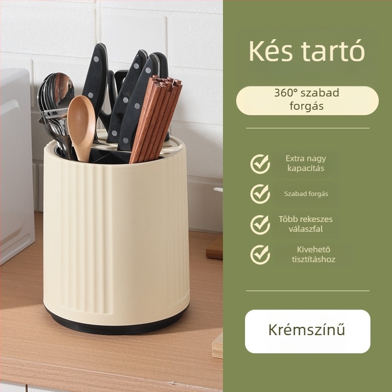 Konyhai forgó késállvány és eszköztartó, fúrás nélküli felszerelés, többfunkciós asztali tároló, krém színű befejezés