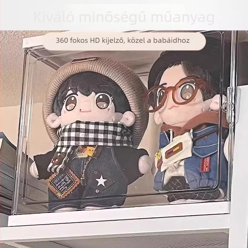Plüss játék tároló doboz, átlátszó akril vitrin 20 cm-es babákhoz, porvédett