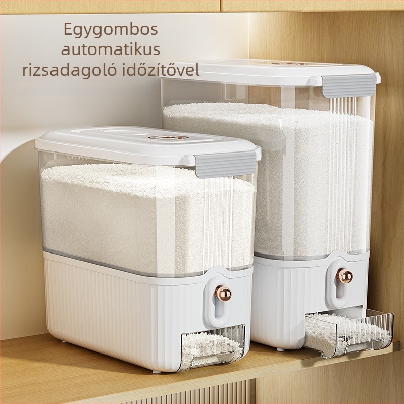 Rizstároló tartály lezárással, nedvesség- és kártevővédelemmel, 9–10 L kapacitás