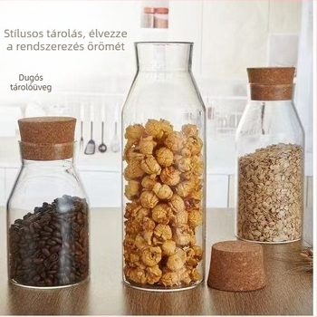 Dugóval záródó boroszilikát üveg tároló, hőálló, szivárgásmentes, gabonához