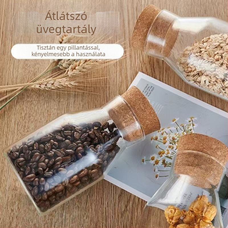 Dugóval záródó boroszilikát üveg tároló, hőálló, szivárgásmentes, gabonához