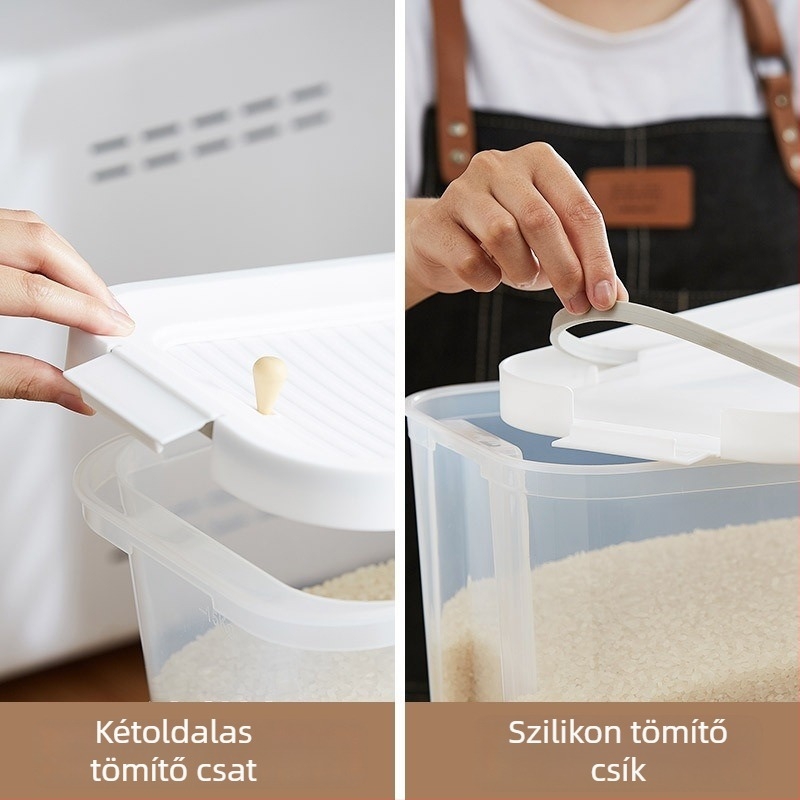 Csúsztatható rizstároló konténer kerekekkel, 10 L, élelmiszer-minőség, nedvességálló, mérőedény, tároló élelem háziállatok számára, konyhai rizstároló keskeny oldalakkal