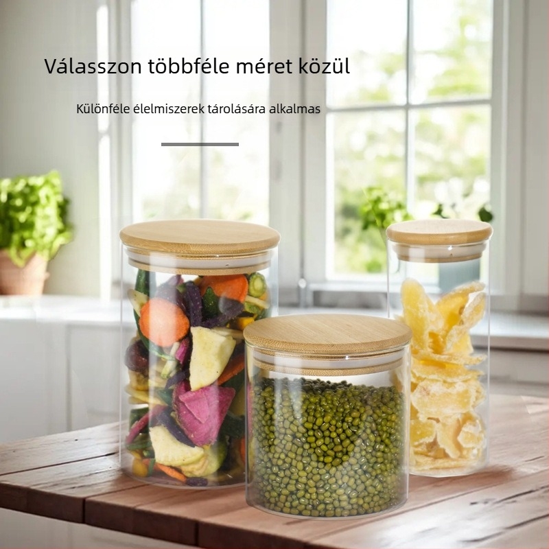 Bambuszfedeles üveg tárolóedény a konyhába, átlátszó teás bemutató edény