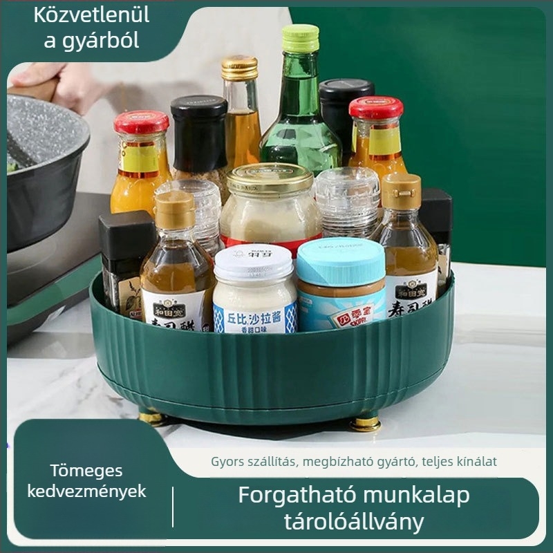 Konyhai fűszerező polc forgó tálcával – asztali tároló olaj, só, szósz és ecet számára, többfunkciós szervező