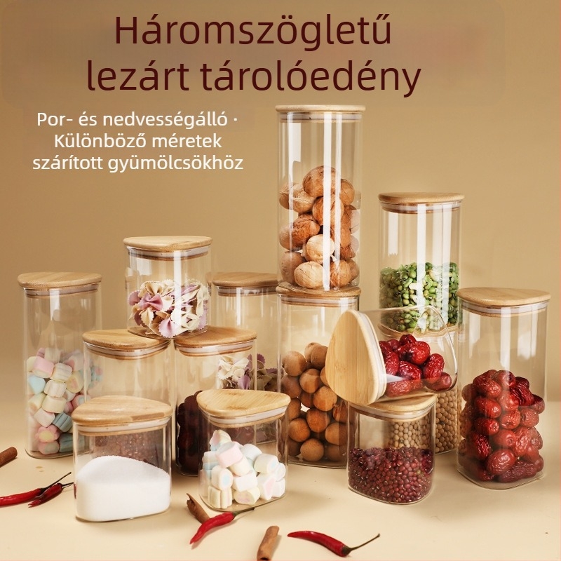 Háromszög alakú üveg tároló bambusz fedéllel, magas boroszilikát üveg, konyhai használatra, tea és gabonafélék számára