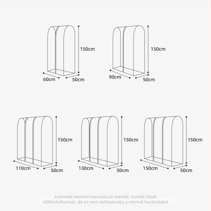 Átlátszó porvédő borító ruhafogasra és padlón álló ruhaszárítóra – méretek: 90×50×150 cm; 110×50×150 cm; 130×50×150 cm; 150×50×150 cm