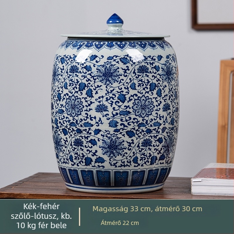 Kerámia rizstároló edény fedővel, zárható, rovarálló, kék-fehér porcelán, rizs, víz és tészta tárolására