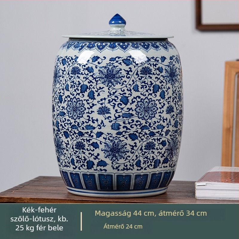 Kerámia rizstároló edény fedővel, zárható, rovarálló, kék-fehér porcelán, rizs, víz és tészta tárolására