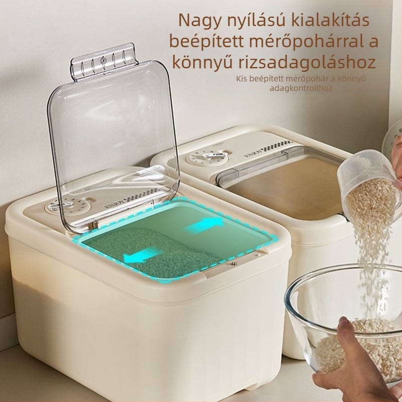 Rizs- és liszttároló edény, 9–10 L, PP, nedvességálló és rovarálló, zárt konyhai tároló