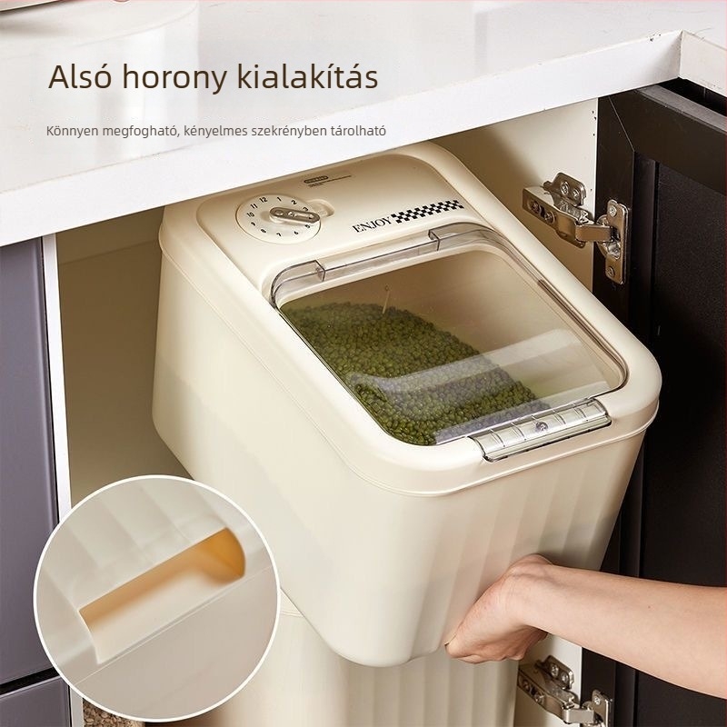 Rizs- és liszttároló edény, 9–10 L, PP, nedvességálló és rovarálló, zárt konyhai tároló